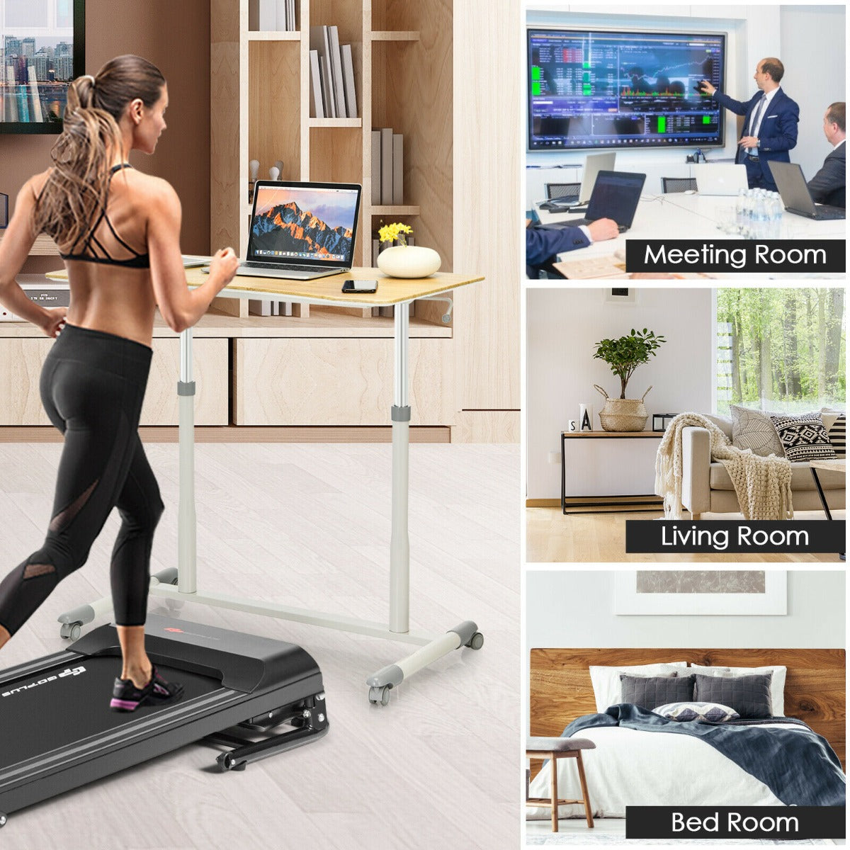 Height Adjustable Laptop Table with Wheels for Home and Office-Beige