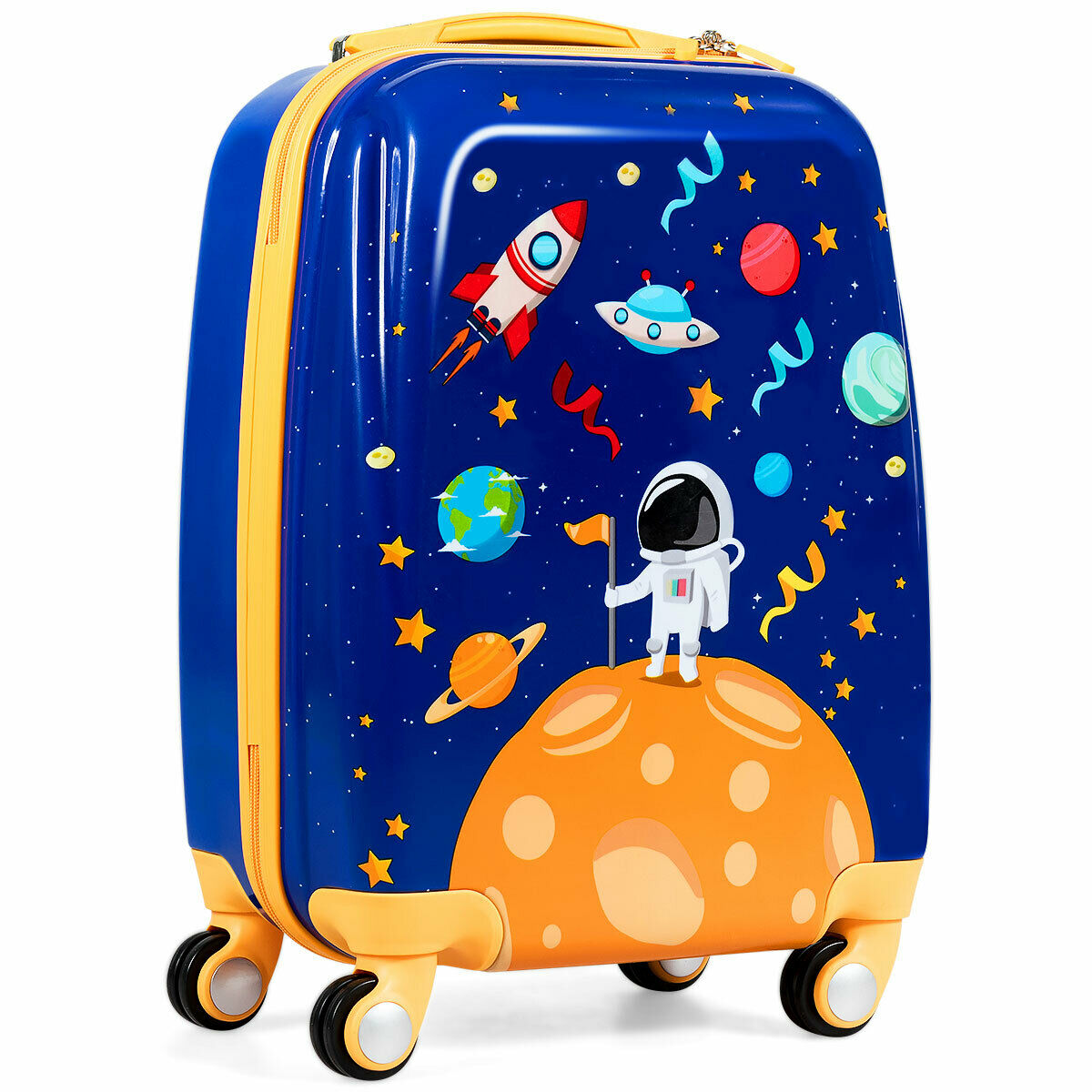Close up of the navy blue kids suitcase with astronaut and rocket designs