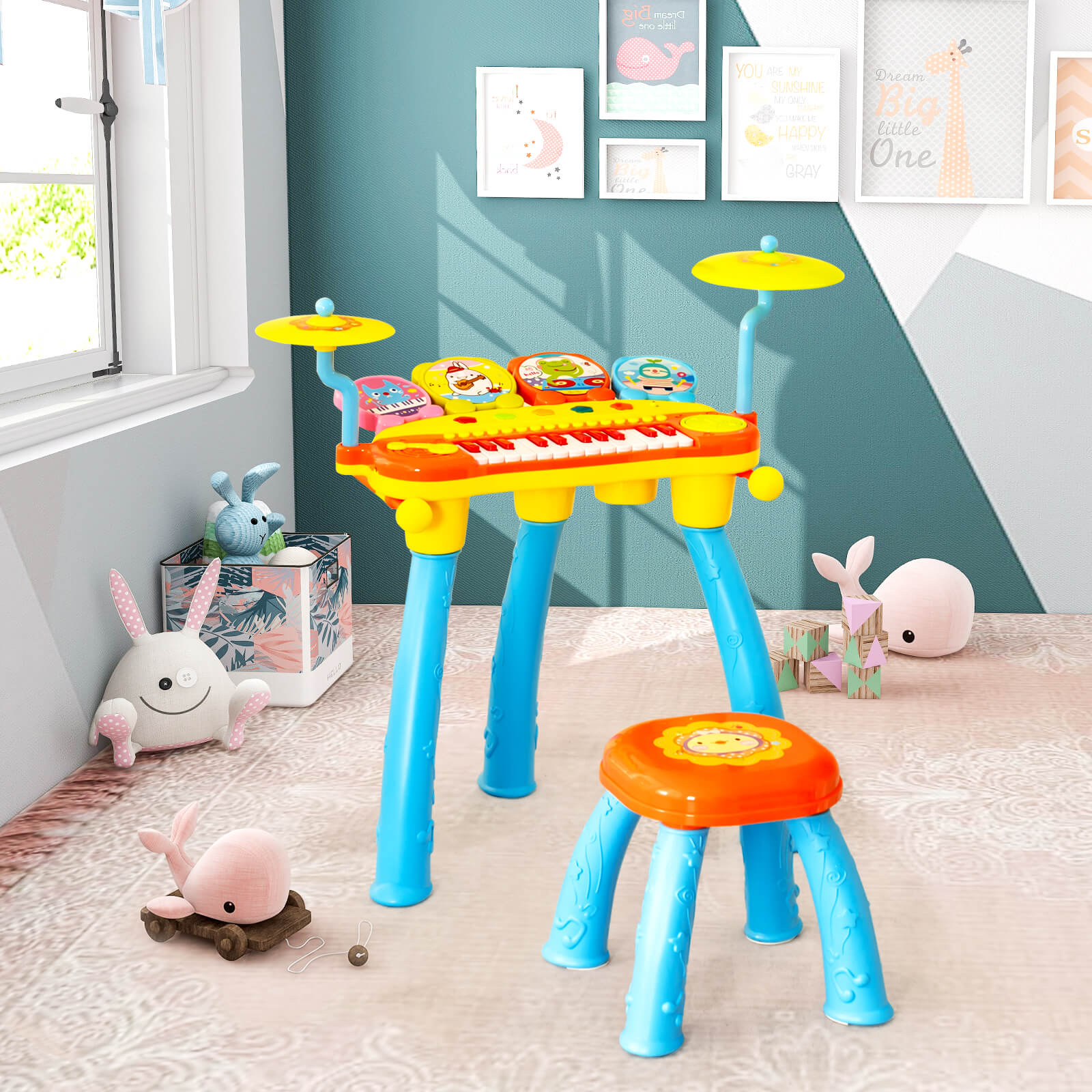 24 Keys Piano Keyboard Drum Set with Stool and Microphone for Kids-Blue