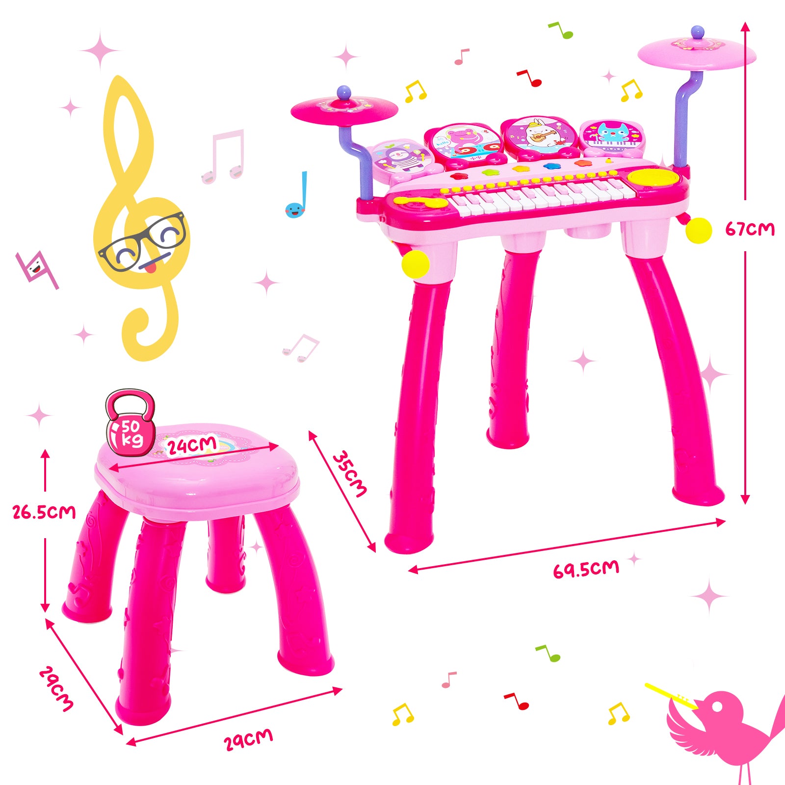 24 Keys Piano Keyboard Drum Set with Stool and Microphone for Kids-Pink