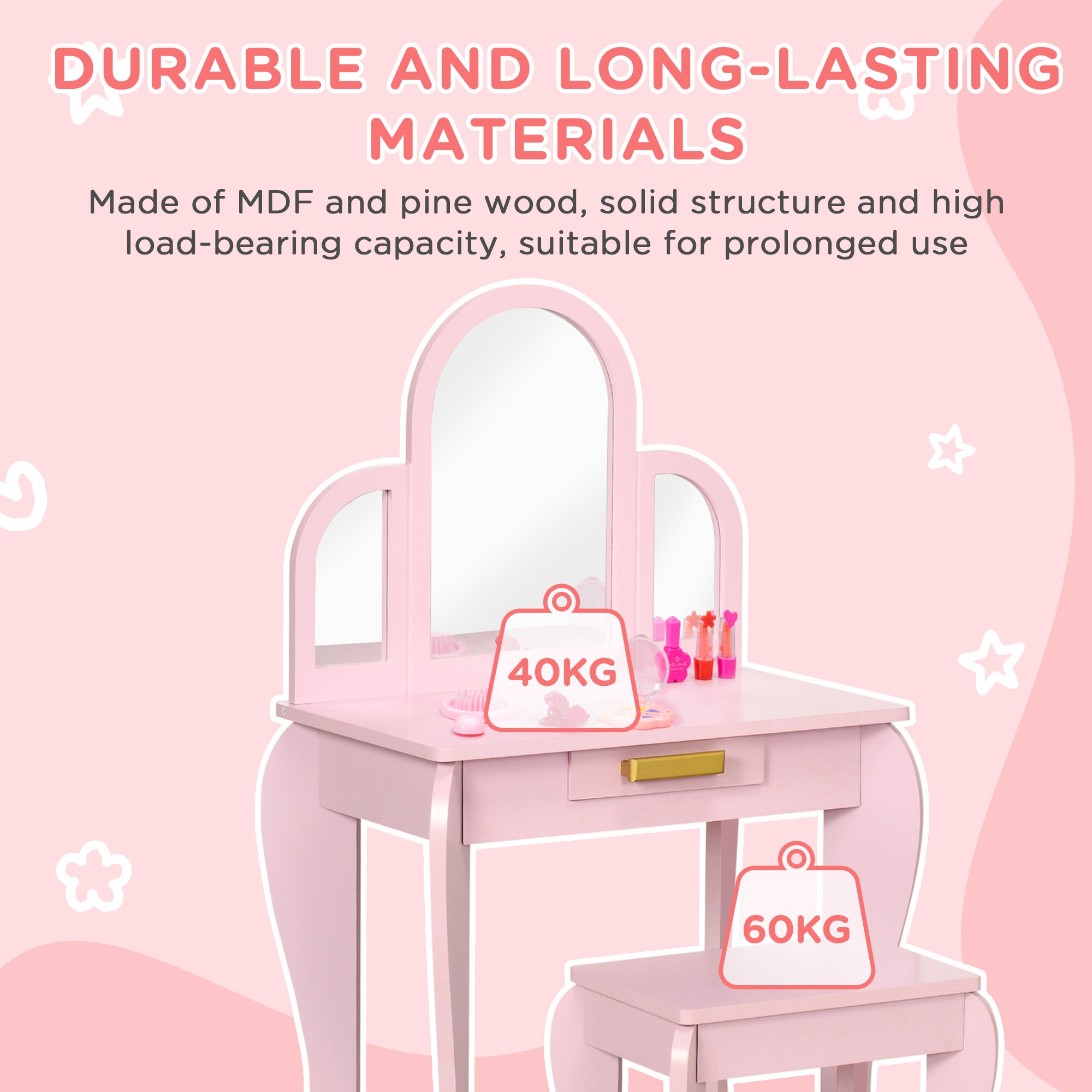 HOMCOM Kids Dressing Table Set, with Mirror and Drawer - Pink