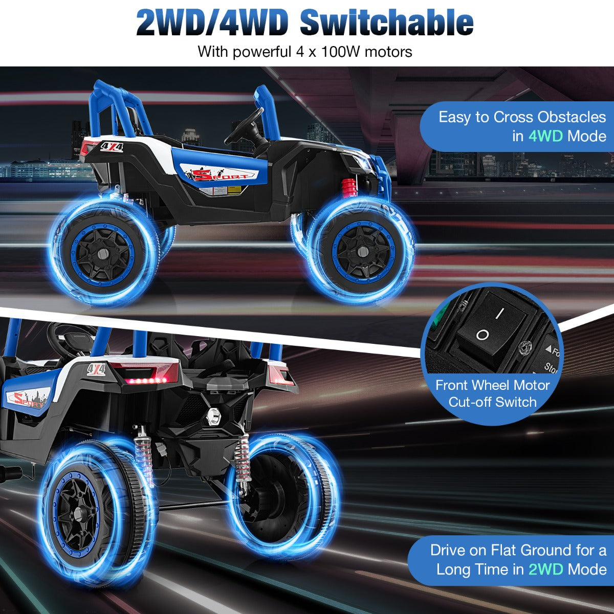 24V 2-Seater Ride On UTV for Kids 4WD/2WD Switchable with Remote & Music
