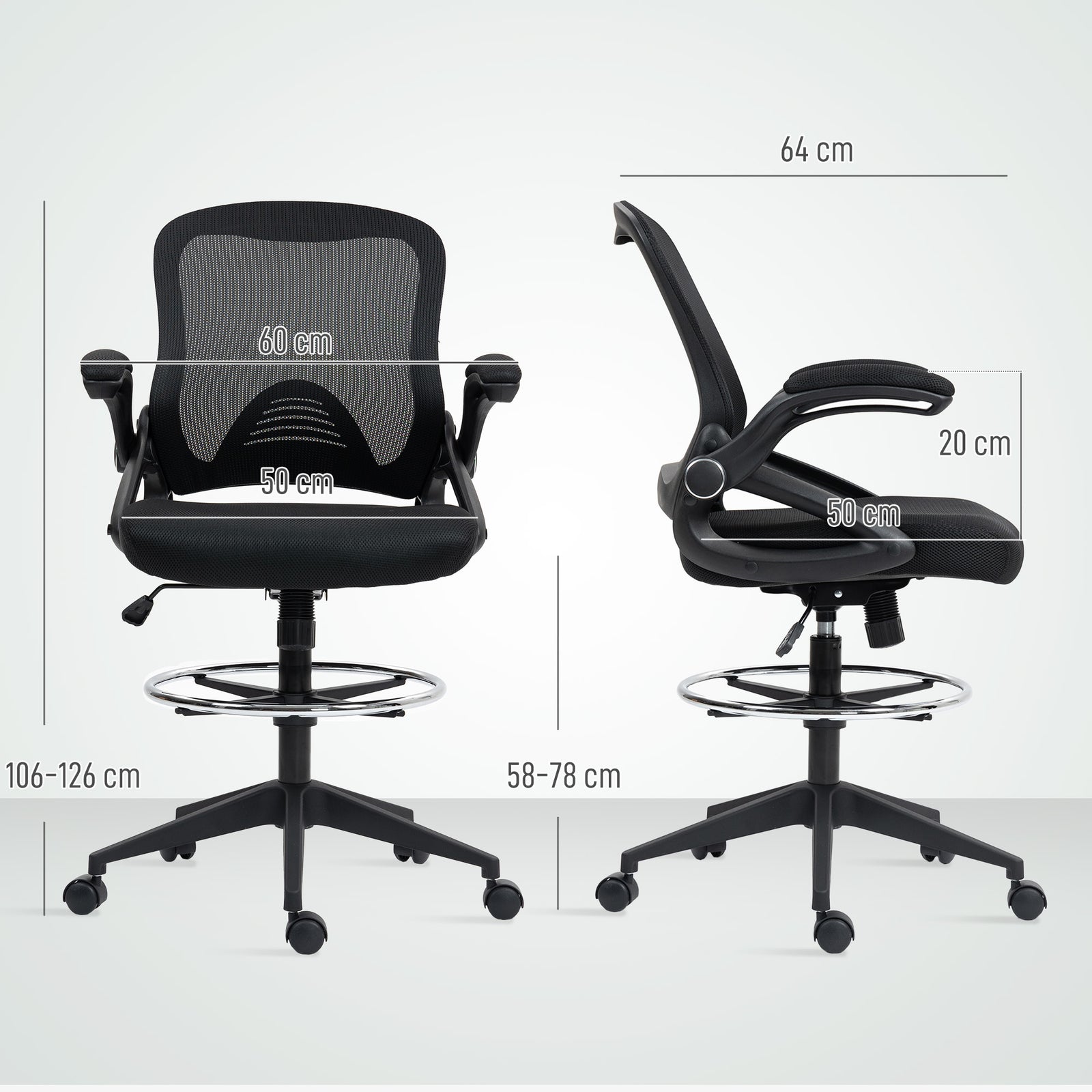 Vinsetto Drafting Chair with Flip-up Armrest, Mesh Office Stool with Foot Ring, 360 Degree Swivel Height Adjustable Chair for Standing Desk, Black