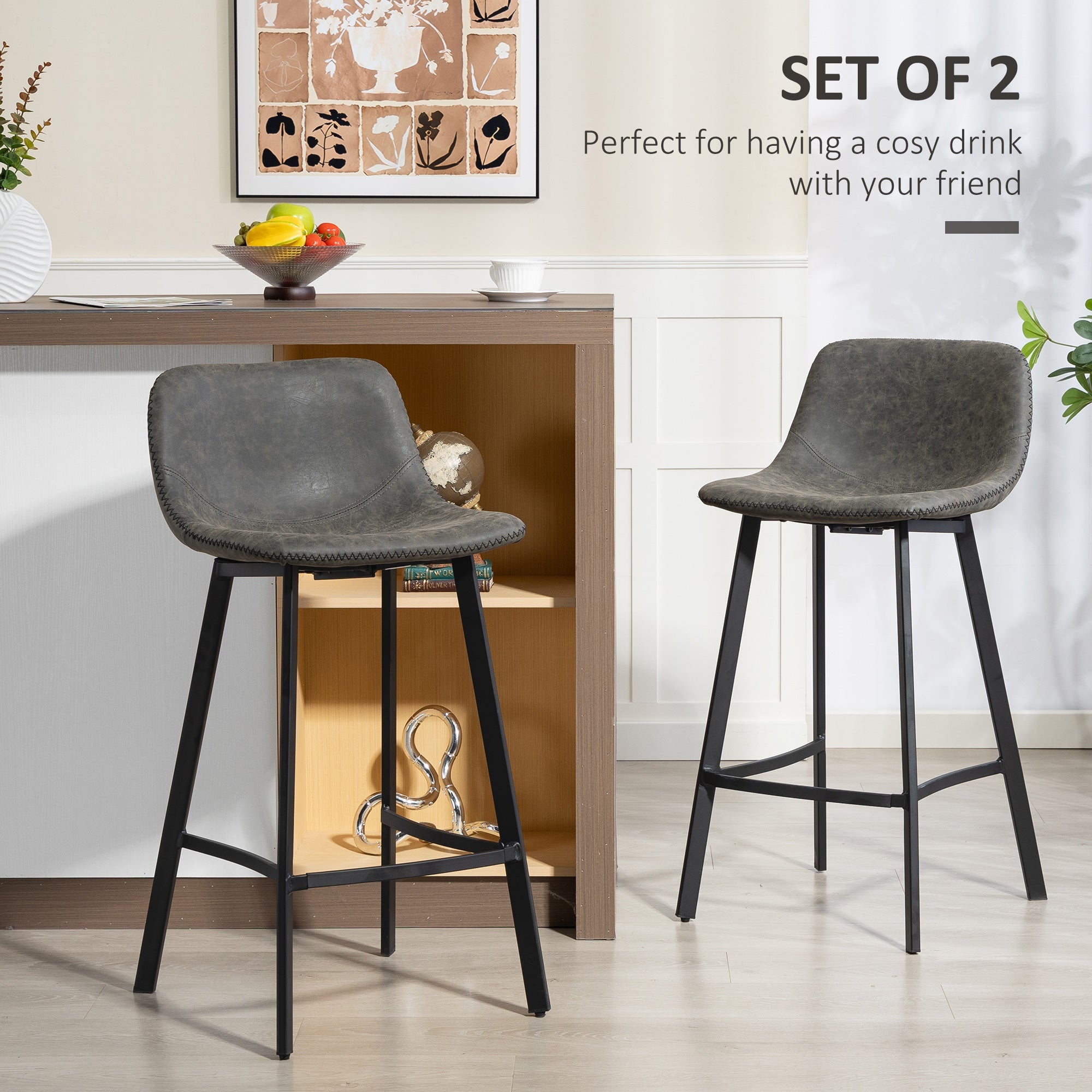 HOMCOM Bar Stools Set of 2, PU Leather Dining Stools with Backrest, Footrest, for Kitchen, Counter, Breakfast Bar, Grey