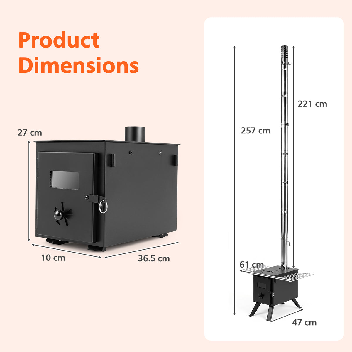 257 cm Wood Burning Stove with 8 Chimney Pipes and Spark Arrestor-Black