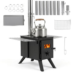 257 cm Wood Burning Stove with 8 Chimney Pipes and Spark Arrestor-Black