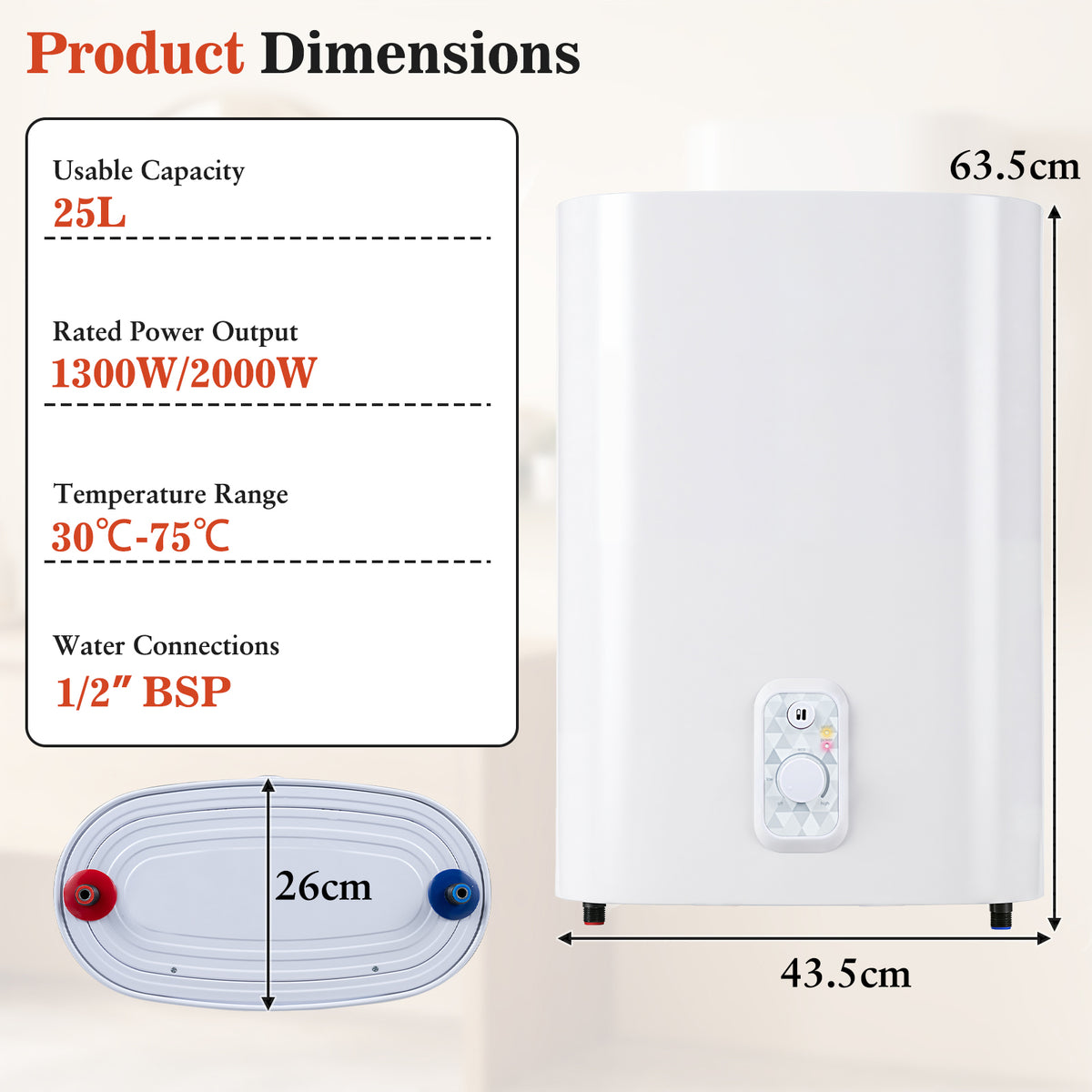 25L Electric Water Heater with Dual Power and Anti-Scale Enamelled Tank Eco Mode-White