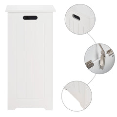 The laundry basket with circular close-up details of the handle, hinge and base