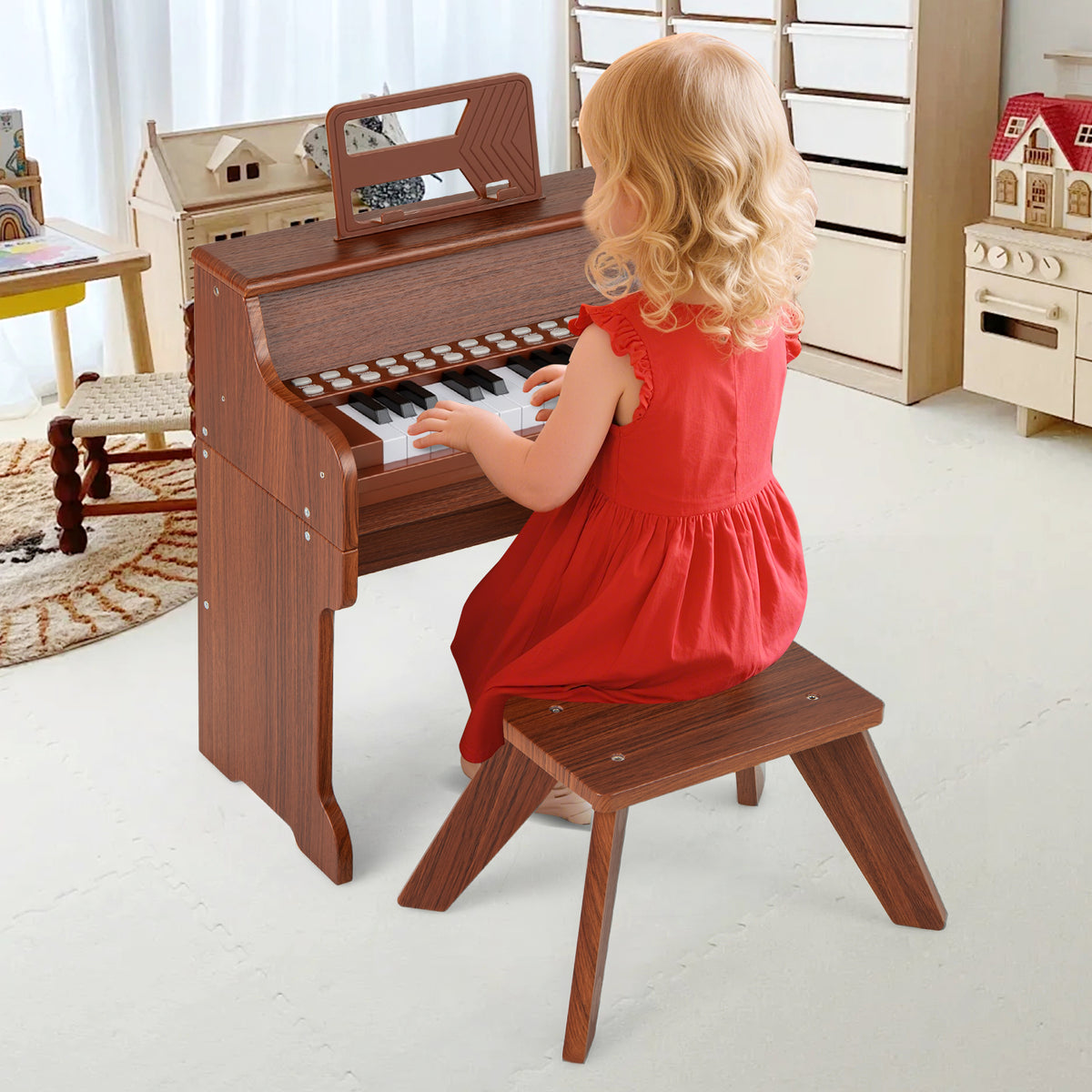 25 Lighted Keys Kids Piano Keyboard with Stool and Adjustable Speed-Brown
