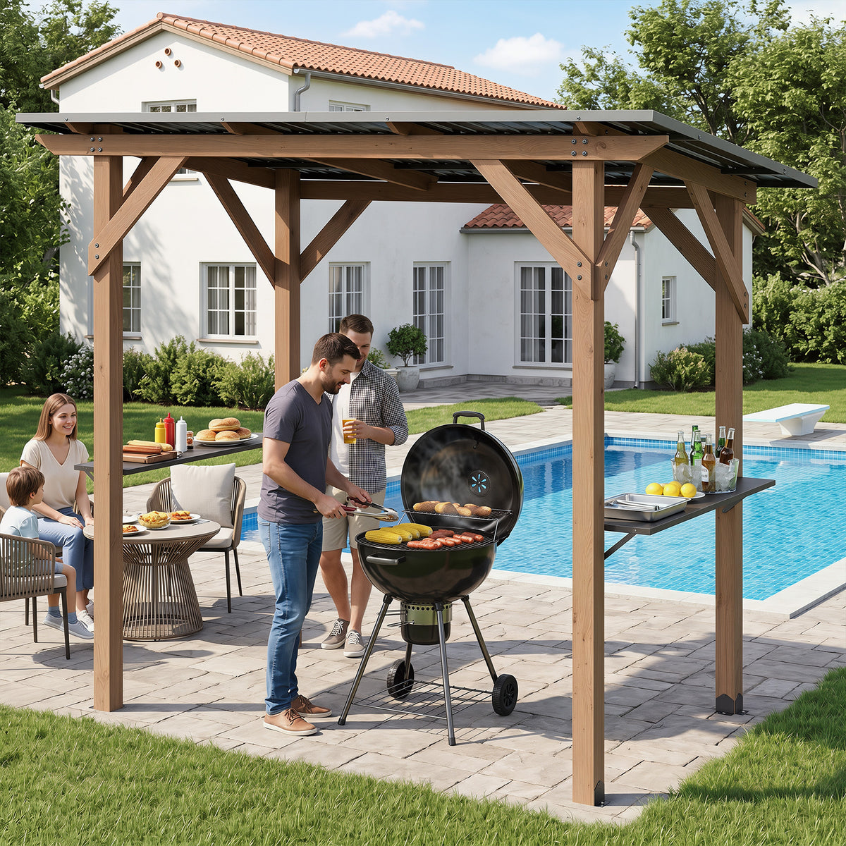 263 x 151 cm Grill Gazebo with 2 Side Serving Shelves-Brown
