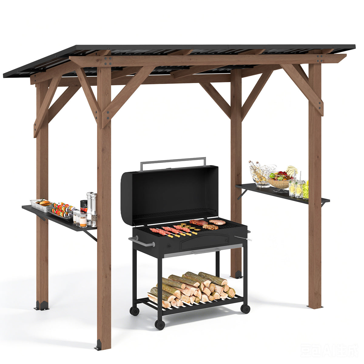 263 x 151 cm Grill Gazebo with 2 Side Serving Shelves-Brown