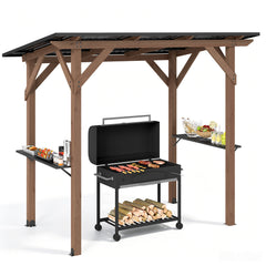 263 x 151 cm Grill Gazebo with 2 Side Serving Shelves-Brown