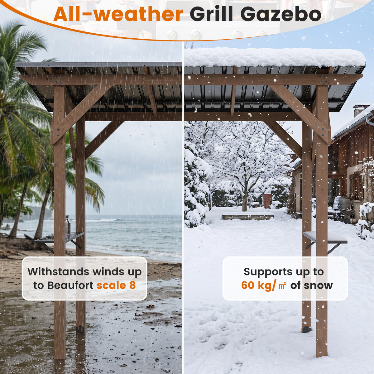 263 x 151 cm Grill Gazebo with 2 Side Serving Shelves-Brown