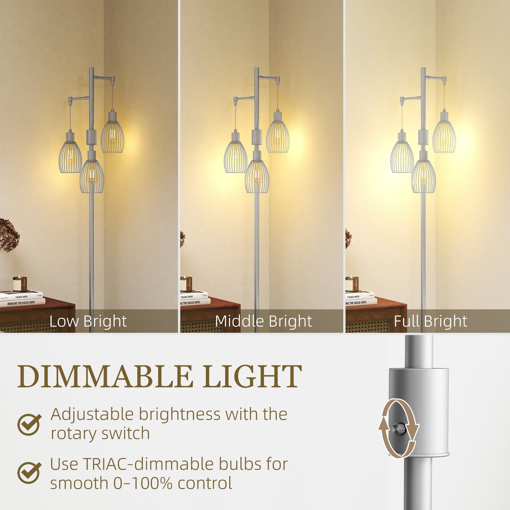 HOMCOM 3-Light Floor Lamp, 170cm Industrial Dimmable Standing Lamp with Steel Wire Cage Lampshades for Living Room, Bedroom, Dining Room, Study, Silver Tone