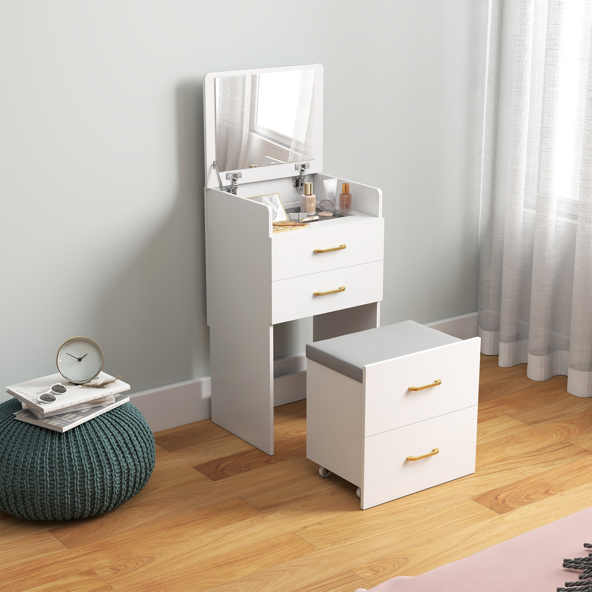 HOMCOM 3 in 1 Dressing Table with Flip-top Mirror and Rolling Stool, Modern Vanity Desk with Visible Glass Tabletop, Drawers and Side Hook, Makeup Table with Cushioned Storage Stool for Bedroom, White