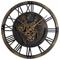 27" Large Wall Clock with World Map and Moving Gears-Brown