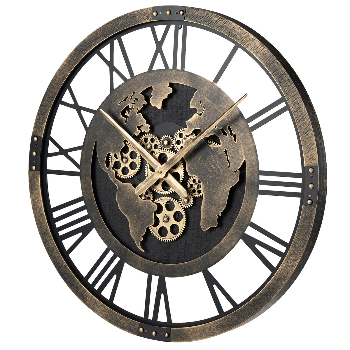 27" Large Wall Clock with World Map and Moving Gears-Brown