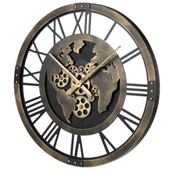 27" Large Wall Clock with World Map and Moving Gears-Brown