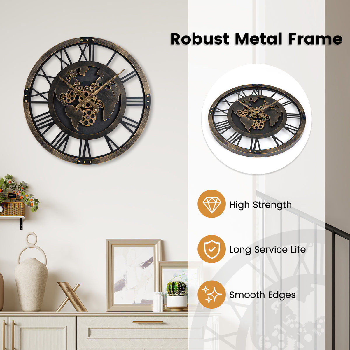27" Large Wall Clock with World Map and Moving Gears-Brown