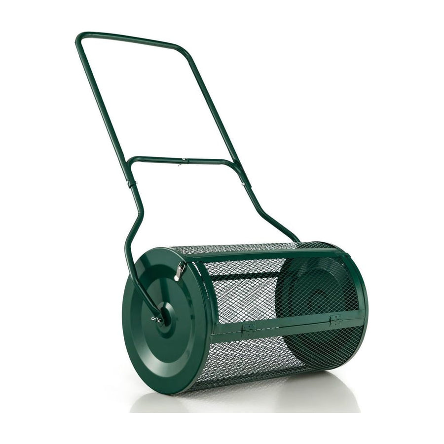 27 Inch Compost Spreader with Upgrade U-shaped Handle, a green lawn spreader with a U-shaped handle and a cylindrical drum