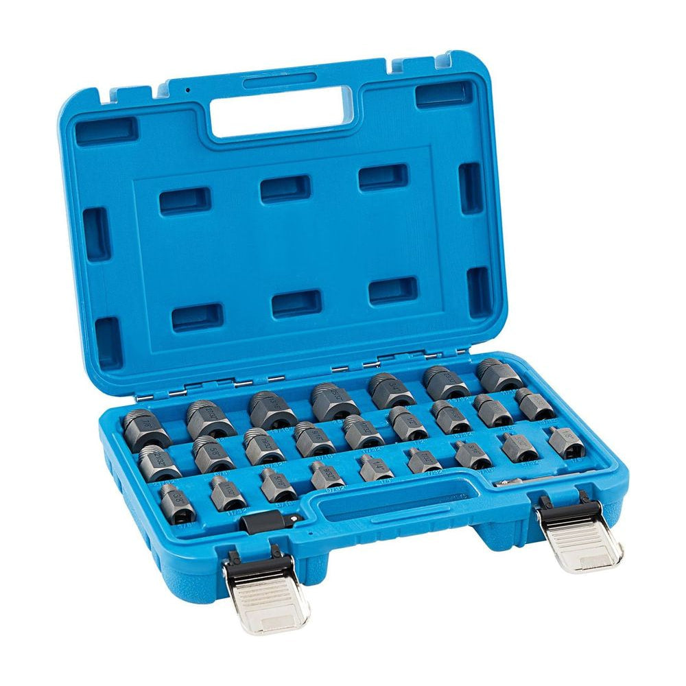 27 Pieces Screw Extractor Set with 3/8 Inches Drive in a blue open case showing all the tools