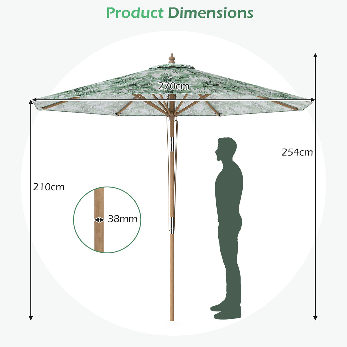 270 cm Patio Umbrella Market Table Umbrella with Push Button Tilt-Green