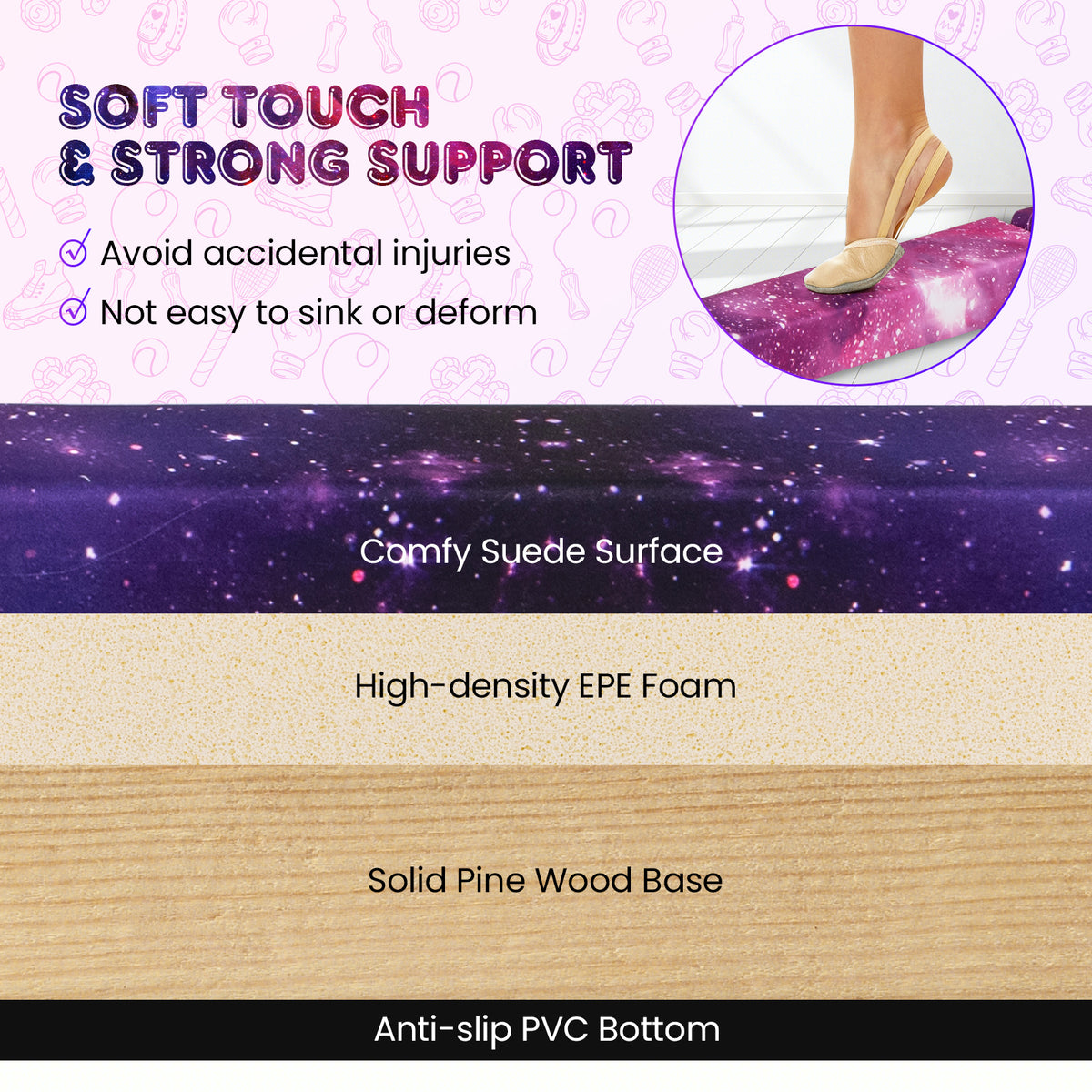 270CM Folding Balance Beam with Solid Wood Base and Anti-slip Bottom-Pink & Purple