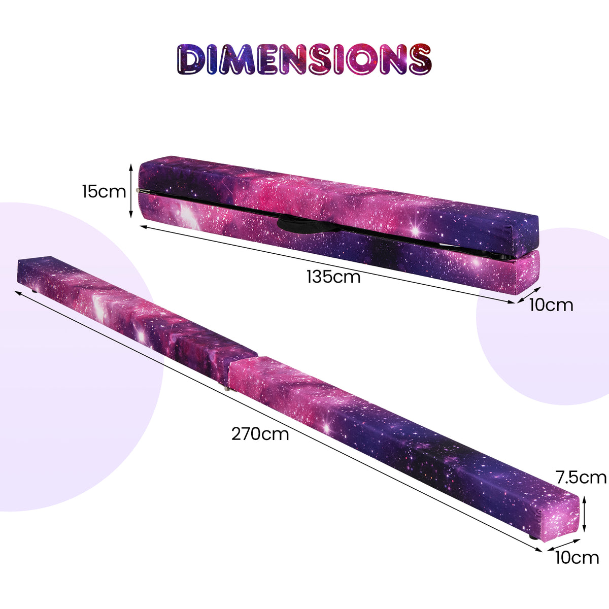 270CM Folding Balance Beam with Solid Wood Base and Anti-slip Bottom-Pink & Purple