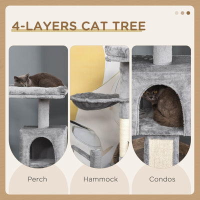 PawHut Cat Tree Tower for Indoor Cats, 111cm Kitten Activity Centre with Scratching Post Pad Hammock Condo Bed Ball Toy, Grey