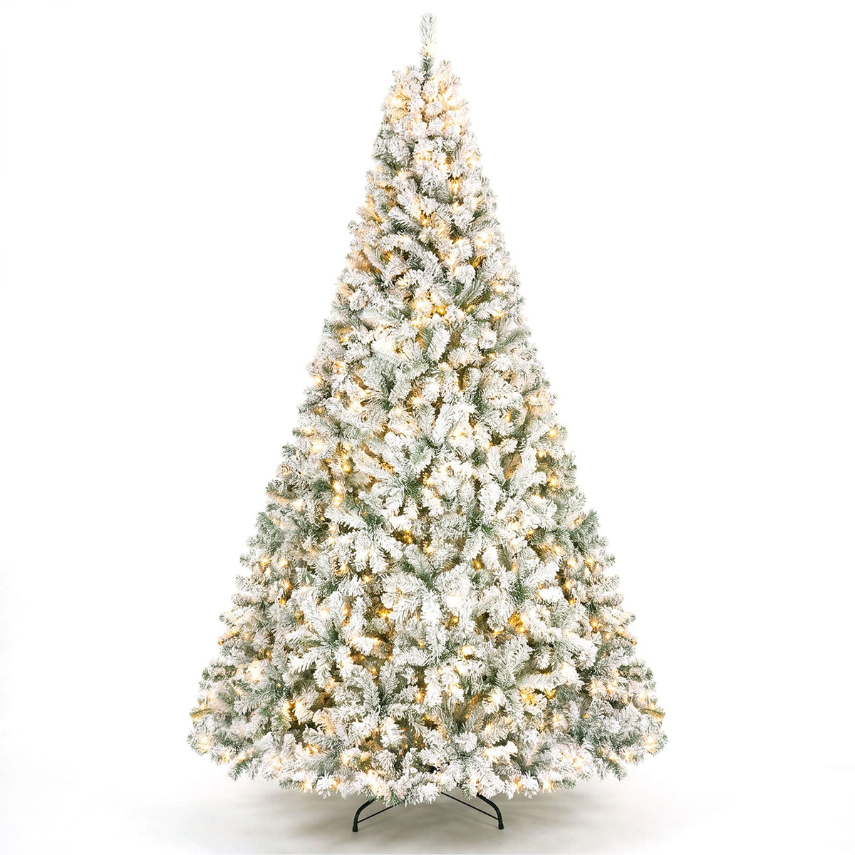 274cm Artificial Snow-Flocked Christmas Tree with Branch Tips and Warm White LED Lights for Home