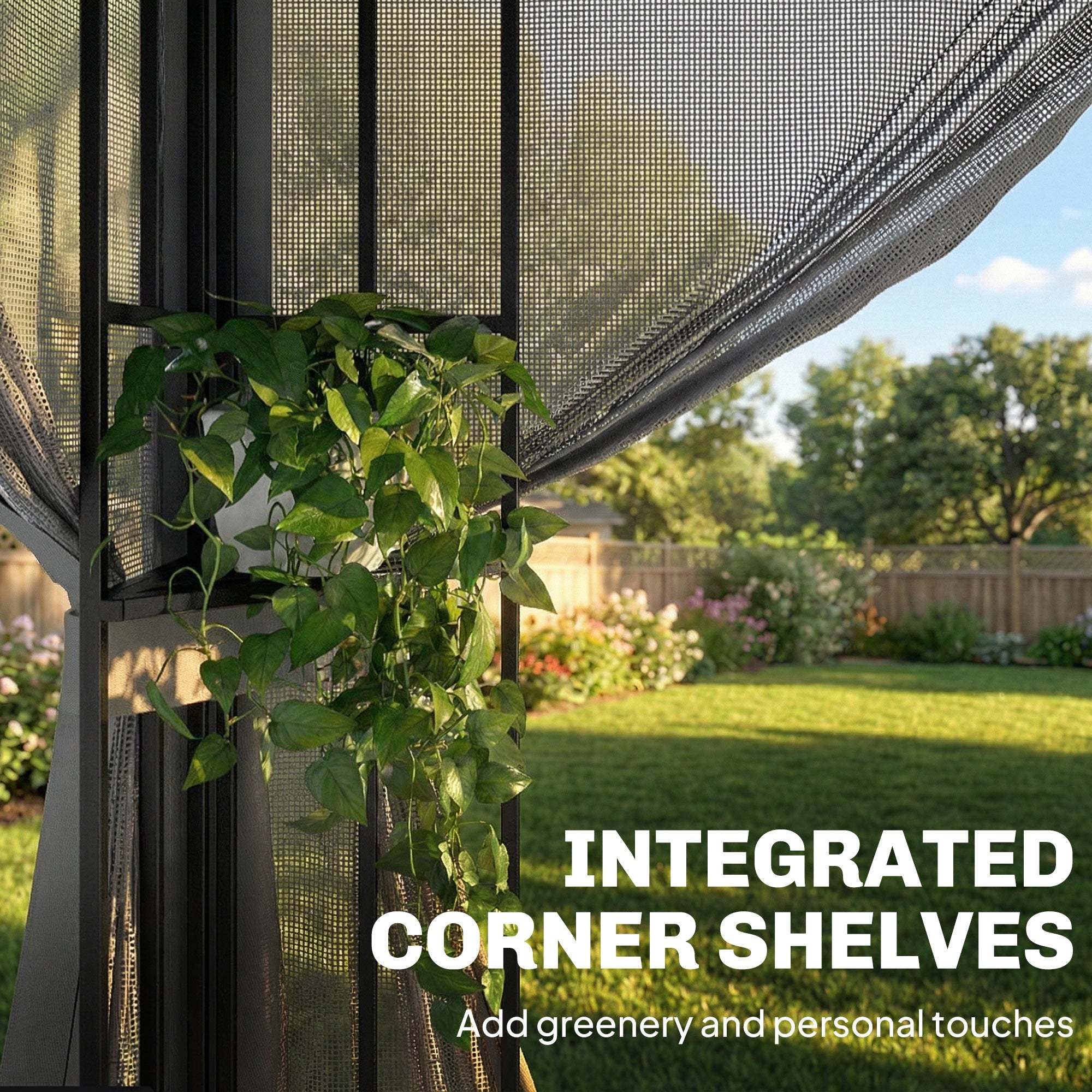 Outsunny 3 x 3.6 m Outdoor Garden Gazebo with Post Shelves, UPF50+ Patio Permanent Pavilion with Hook, Dark Grey