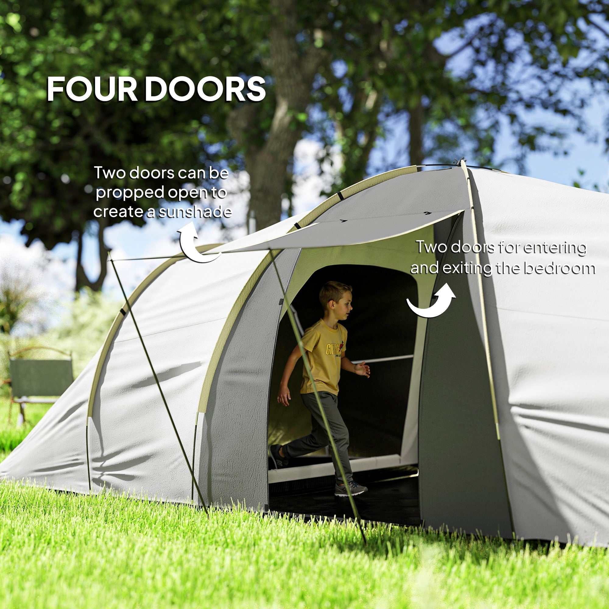 Outsunny Four-Man Tunnel Tent, with Two Bedrooms and Living Room - Grey/Yellow