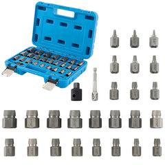 All the screw extractor pieces and adapters laid out on a white background