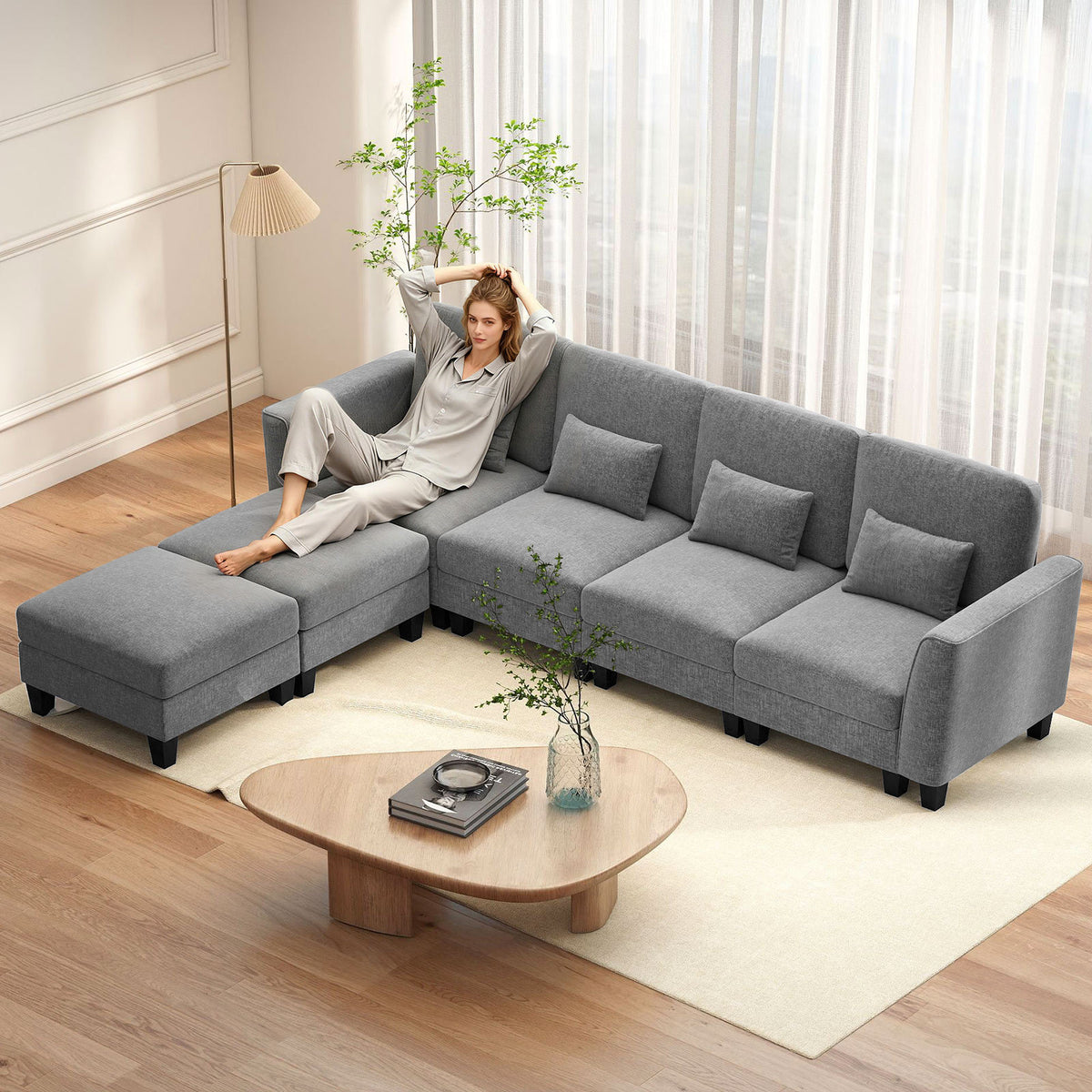 280 cm U-Shaped Sectional Sofa with 2 Ottomans & USB Charging Ports-Grey