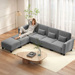280 cm U-Shaped Sectional Sofa with 2 Ottomans & USB Charging Ports-Grey