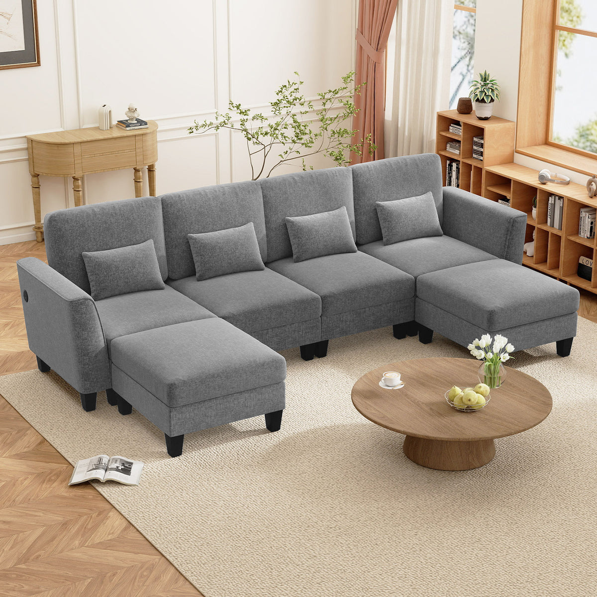 280 cm U-Shaped Sectional Sofa with 2 Ottomans & USB Charging Ports-Grey