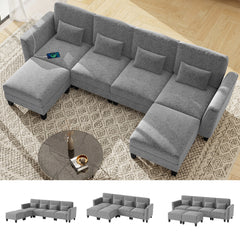 280 cm U-Shaped Sectional Sofa with 2 Ottomans & USB Charging Ports-Grey