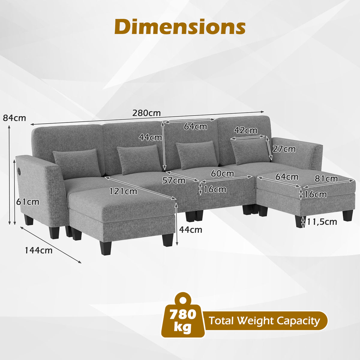 280 cm U-Shaped Sectional Sofa with 2 Ottomans & USB Charging Ports-Grey