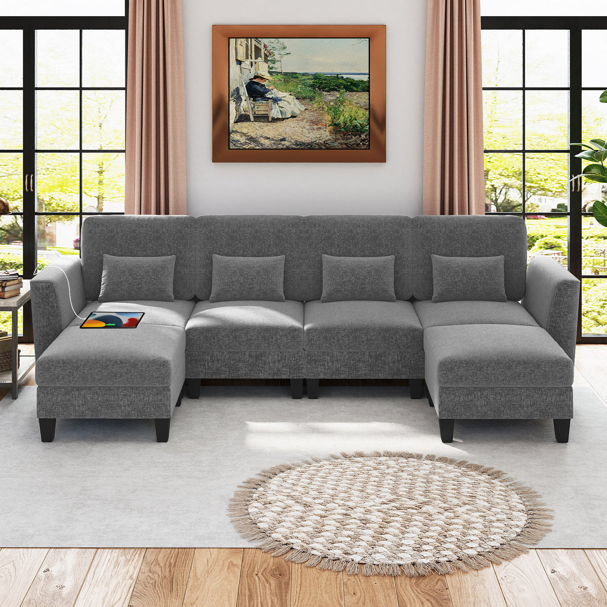 280 cm U-Shaped Sectional Sofa with 2 Ottomans & USB Charging Ports-Grey