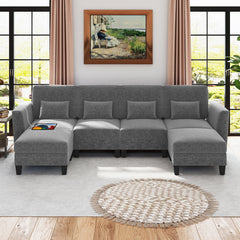 280 cm U-Shaped Sectional Sofa with 2 Ottomans & USB Charging Ports-Grey