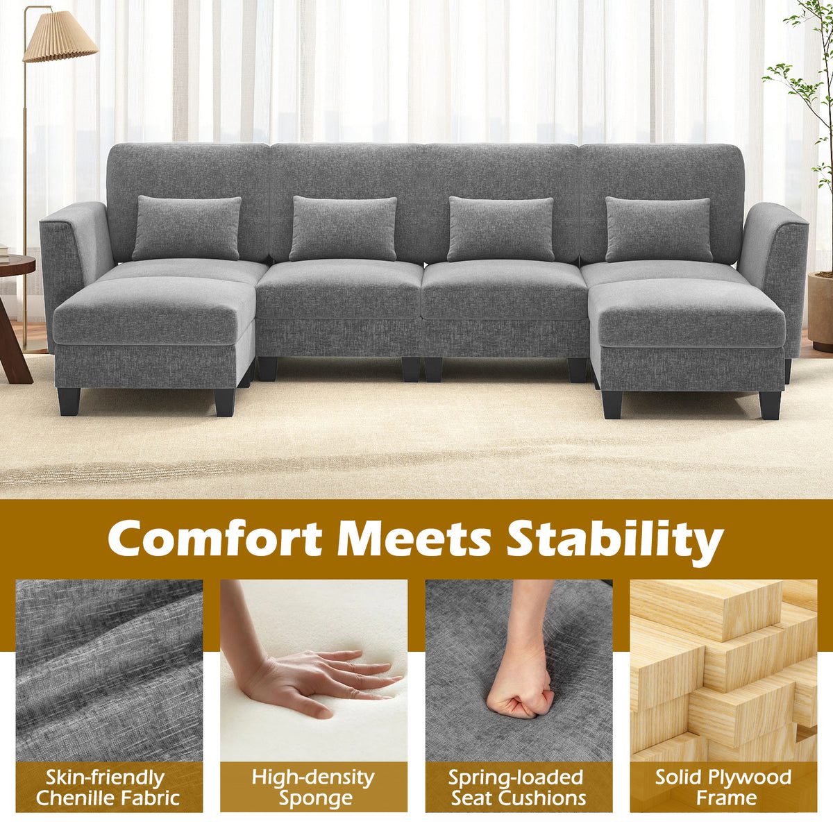 280 cm U-Shaped Sectional Sofa with 2 Ottomans & USB Charging Ports-Grey