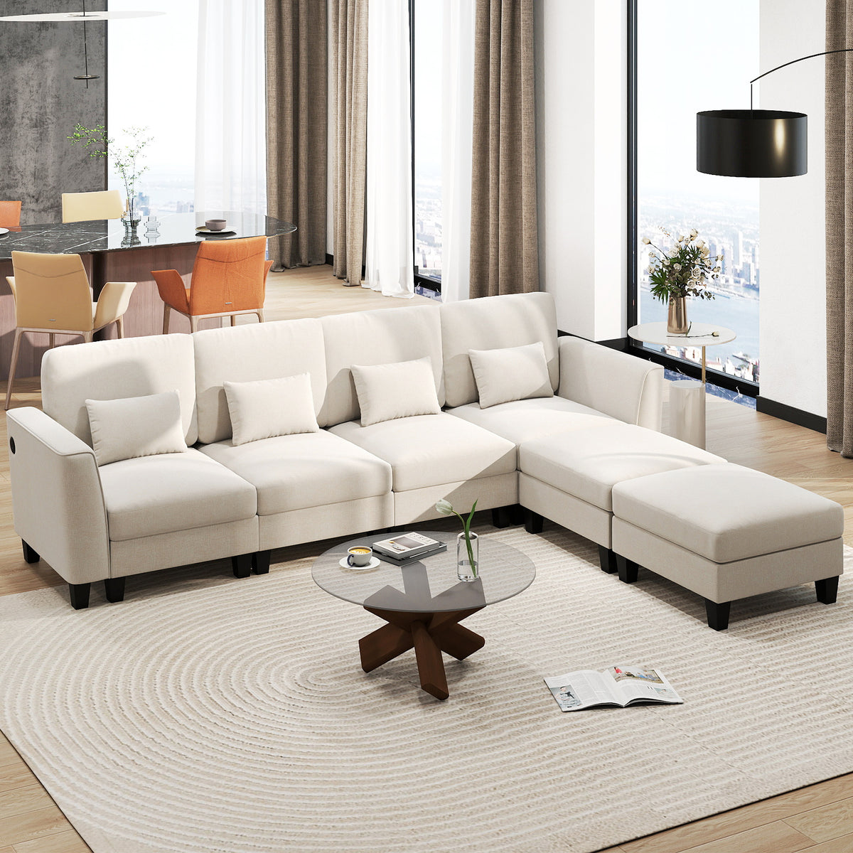 280 cm U-Shaped Sectional Sofa with 2 Ottomans & USB Charging Ports-White
