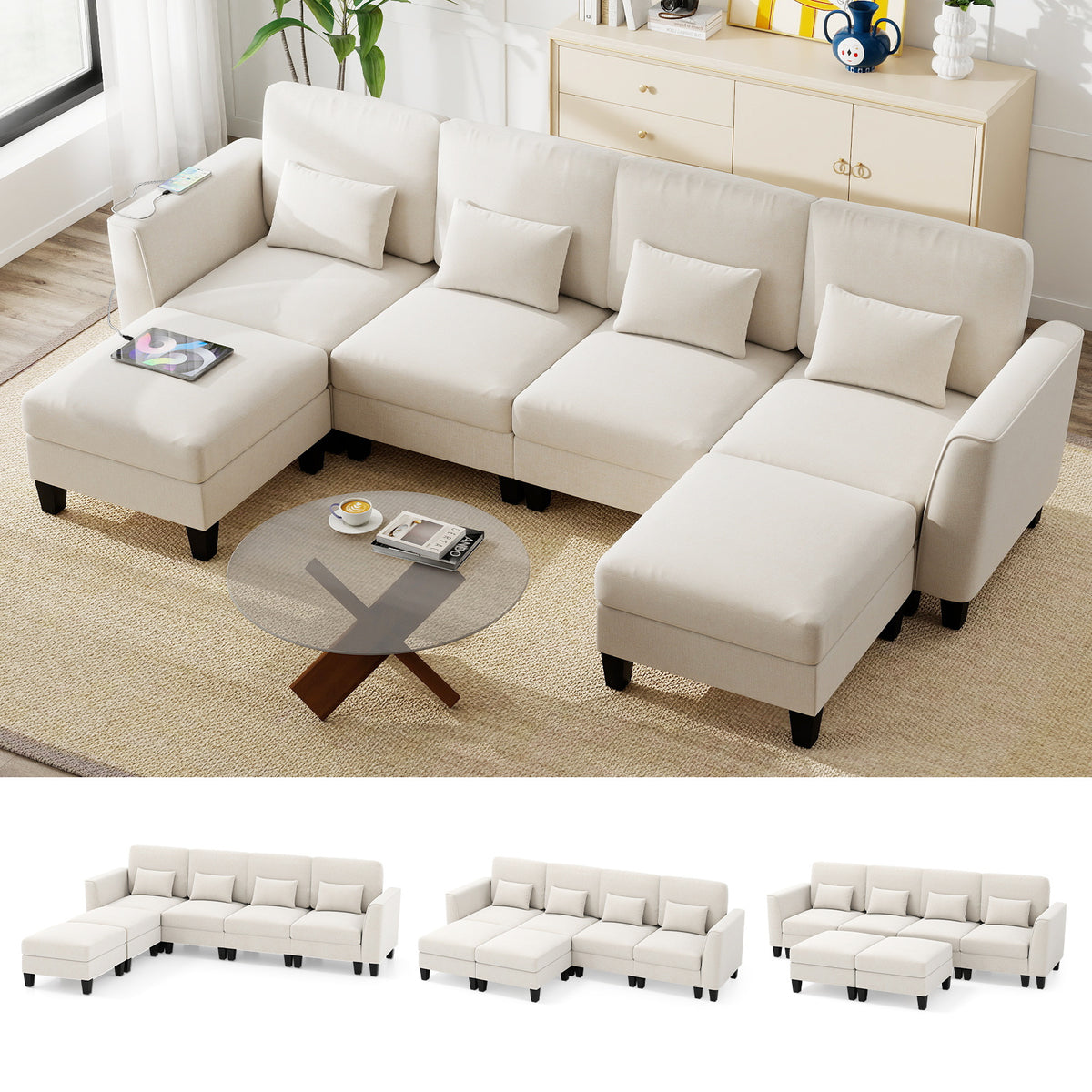 280 cm U-Shaped Sectional Sofa with 2 Ottomans & USB Charging Ports-White