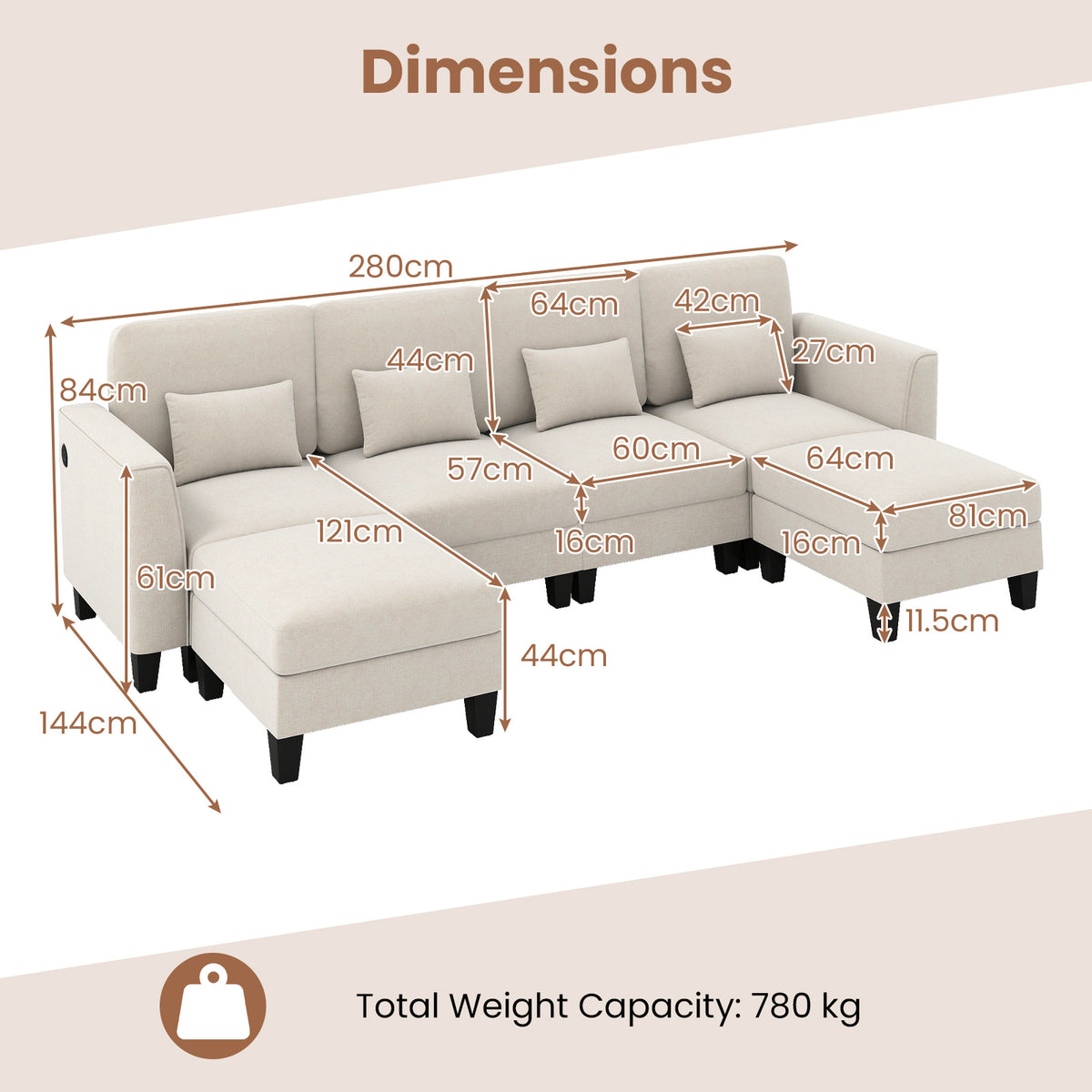 280 cm U-Shaped Sectional Sofa with 2 Ottomans & USB Charging Ports-White