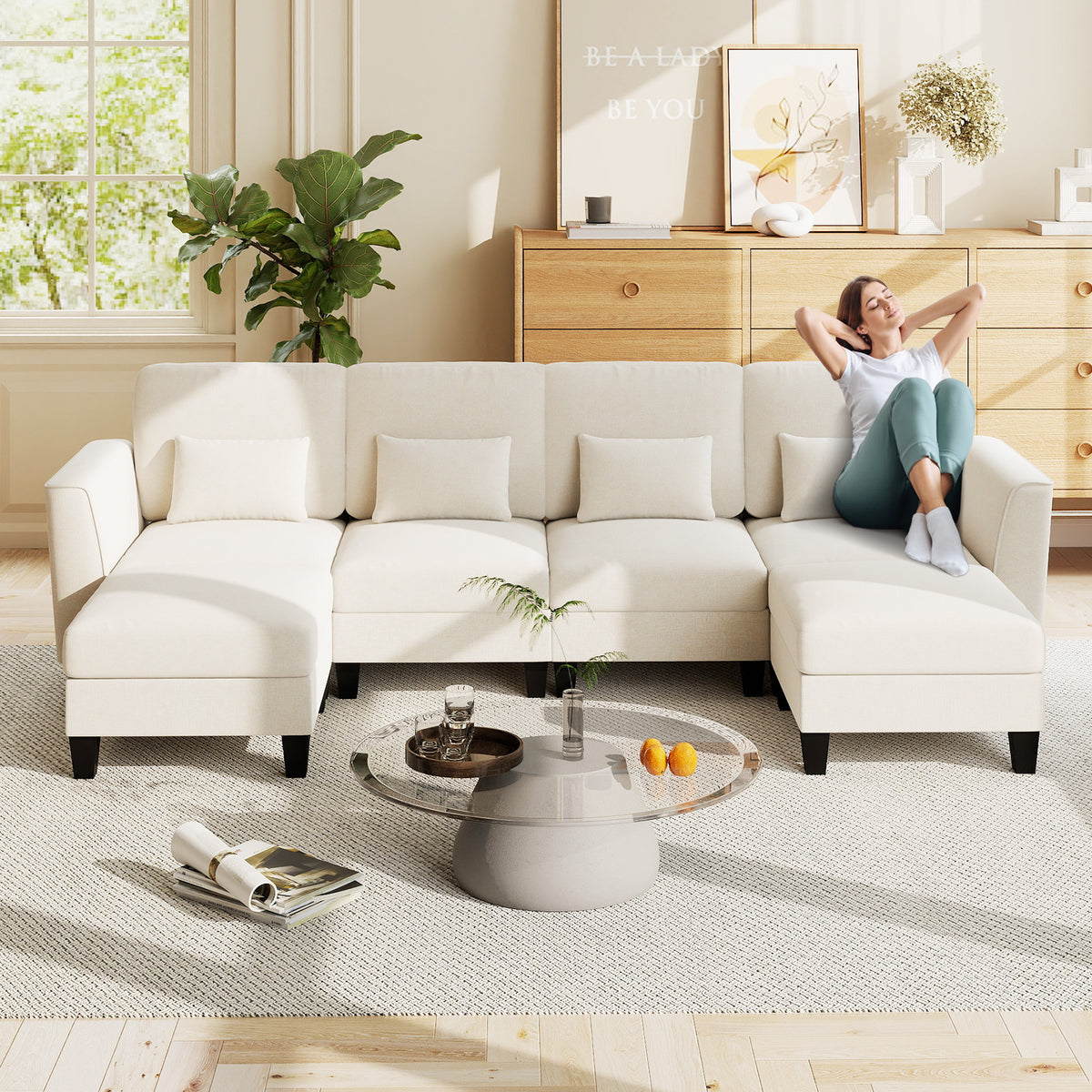 280 cm U-Shaped Sectional Sofa with 2 Ottomans & USB Charging Ports-White
