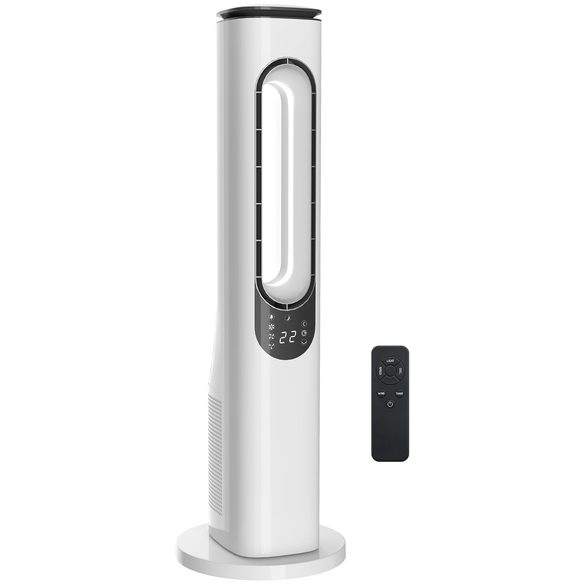 HOMCOM Bladeless Tower Fan for Bedroom, 35dB Standing Cooling Fan with 50Â° Oscillating, LED Lights, 3 Speeds, 15H Timer, White