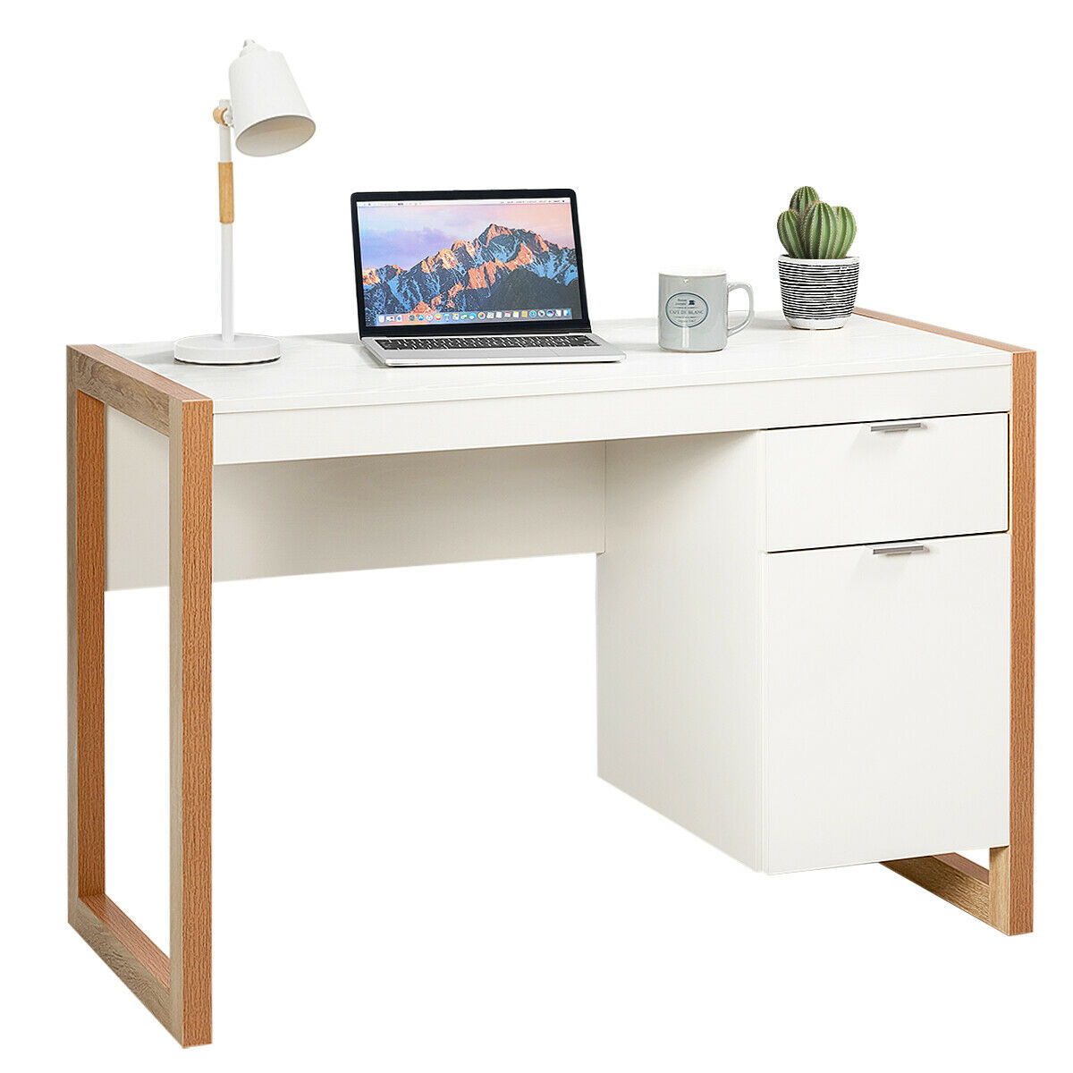 White computer desk with a drawer and cabinet, showing the full product