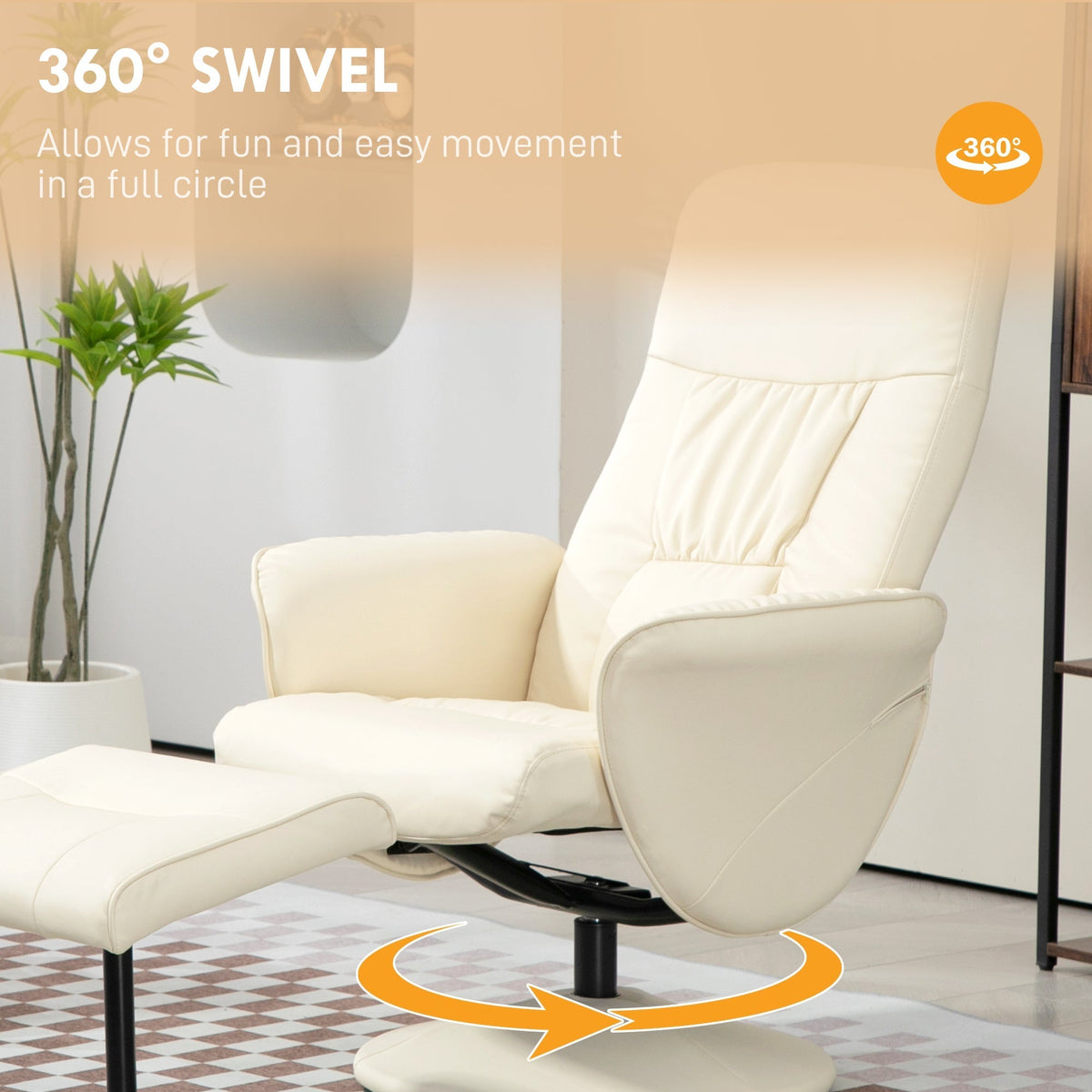 HOMCOM Swivel Recliner Chair with Footstool, PU Leather Armchair and Ottoman with High Back and Round Base for Living Room, Cream White