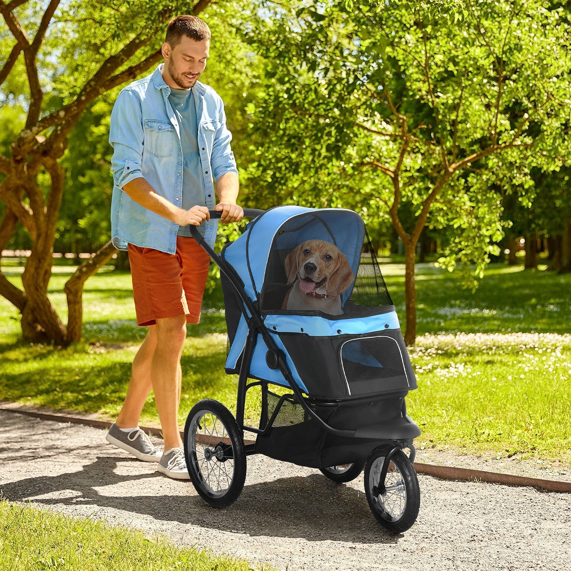 PawHut Foldable Pet stroller, Dog Buggy with Three Wheels, for Small/Medium Dogs, Blue