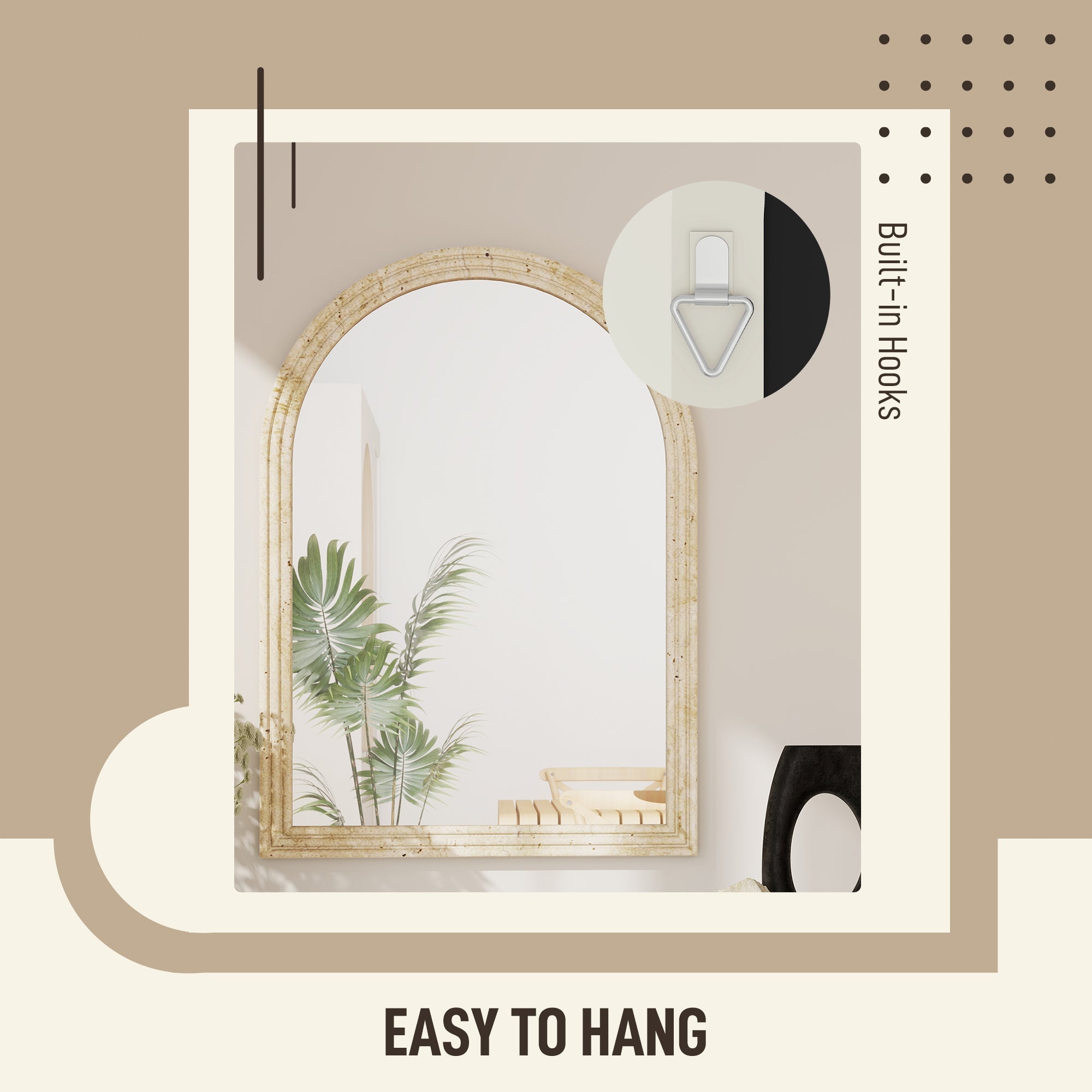 HOMCOM Arched Wall Mirror with Grooved Edge & Hooks, Wall-Mounted Mirror, Modern Tempered Glass & Polystyrene Beige